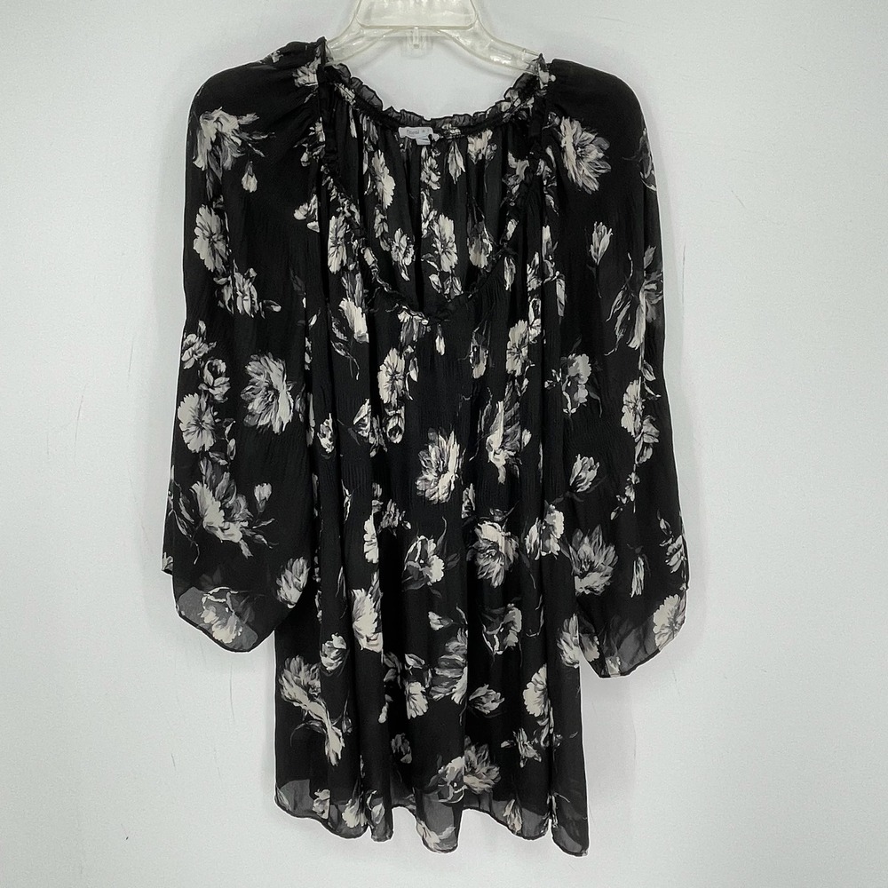 Floral & Ivy Women's Black Floral Ruffle Neck 3/4 Sleeve Chiffon Blouse Size 2X